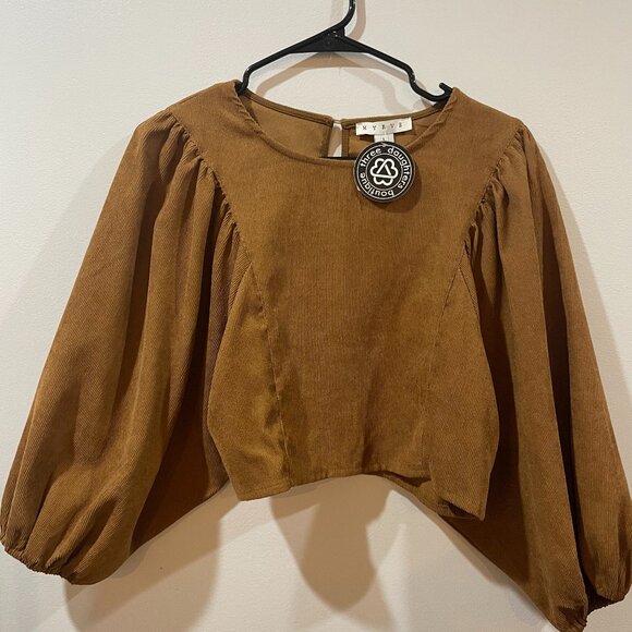 NWT HYFVE Boho Crop Top Long Bell Sleeves Ribbed Knit Brown Size Large - Picture 1 of 7